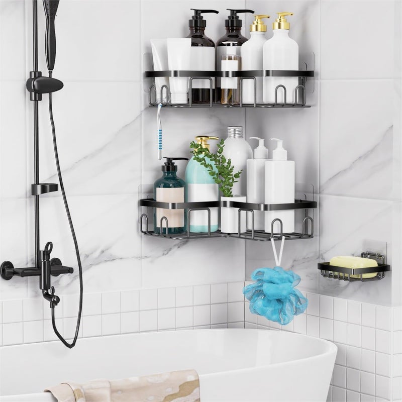 Moforoco Corner Shower Caddy Shelf Organizer Rack, Self Adhesive Black Bathroom Shelves Basket, Home Wall Shower Inside Organization and Storage Decor Rv Accessories, First Apartment Essentials(Black) - Image 5